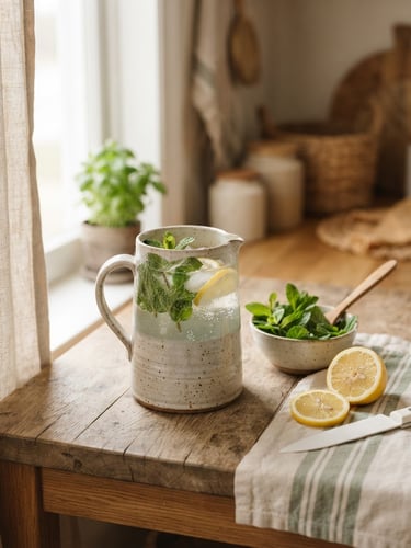 Warm, soft-lit kitchen counter with a ceramic pitcher of water, fresh green mint leaves, and a sliced lemon, diffused morning window light, shallow depth of field, 35mm photography