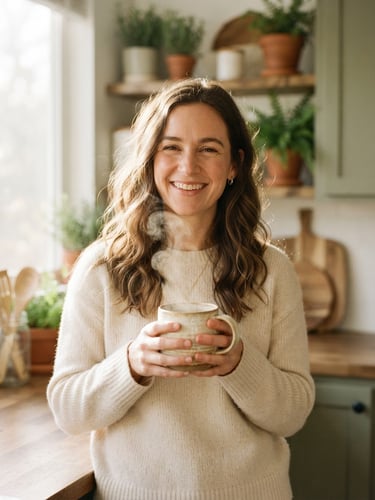 Warm editorial portrait of a smiling woman in a sunlit kitchen, holding a steaming ceramic mug, soft morning light, shallow depth of field, 35mm