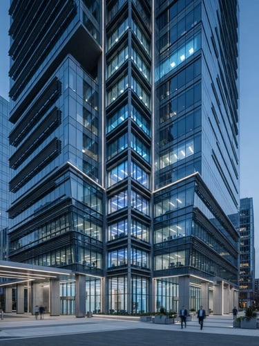 Sleek corporate photography of modern architectural lines of a high-tech office building, cool blue and slate gray tones, sharp focus, 35mm