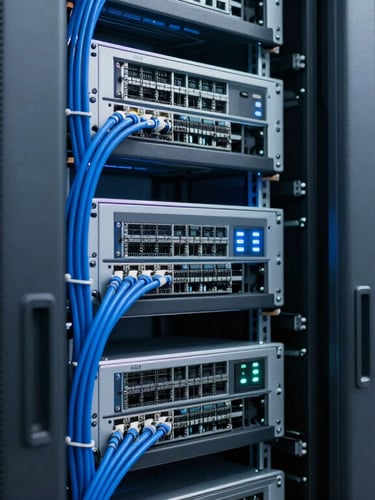 Sleek corporate photography of a server room with cool blue ambient light, focusing on structured network cables and hardware racks.