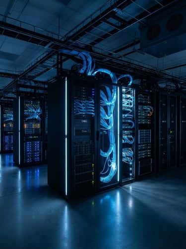 Sleek modern server room with glowing blue fiber optic cables, high contrast architectural perspective, cool blue and slate gray tones, 35mm