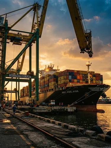 Low-angle dramatic 35mm shot of a massive container ship docked at Tanjung Priok port during golden hour, safety yellow cranes framing the scene, high-contrast industrial lighting