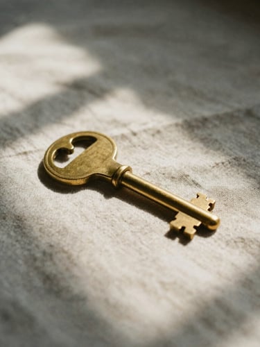 A close-up macro shot of a brass room key resting on a textured linen bedsheet, soft window shadows, warm natural light, 35mm film aesthetic.