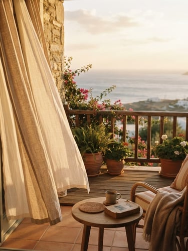 Warm golden-hour natural light spilling across a sun-drenched boutique hotel balcony, linen curtains softly blowing, ocean horizon in the soft-focus background, 35mm film aesthetic