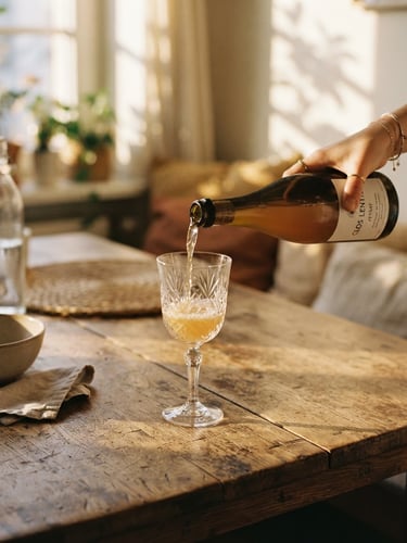 Close-up of a hand pouring natural wine into a crystal glass on a sun-drenched wooden table, soft window shadows, warm golden-hour light, 35mm film aesthetic.