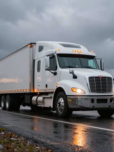 Low-angle heroic shot of a heavy-duty Class 8 commercial truck parked on an Ontario highway shoulder at dusk, active amber warning lights reflecting on wet asphalt, dramatic overcast sky.