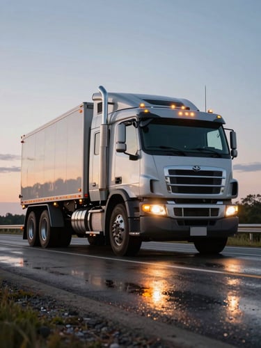 Low-angle heroic shot of a modern heavy-duty truck parked on an Ontario highway shoulder at twilight, amber warning lights reflecting on the wet pavement.