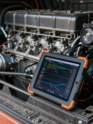 A rugged diagnostic tablet plugged into a massive diesel engine bay of a heavy truck, displaying live fault codes