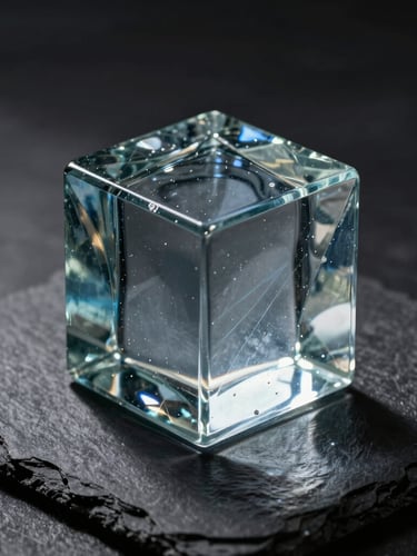 A close-up of a monolithic cast glass block, sharp light refracting through the deep blue-grey material, casting intricate caustic patterns on a dark matte slate surface, high-contrast chiaroscuro.