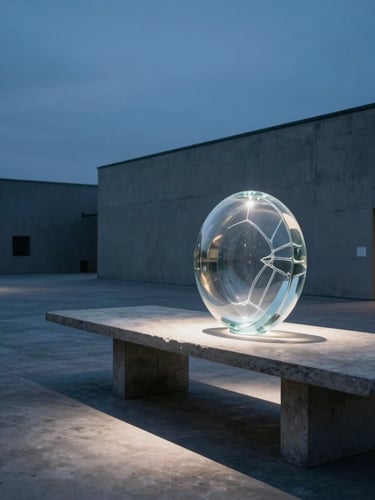 A wide, desolate Copenhagen design studio during the blue hour, a single intense beam of light illuminating a massive cast glass sculpture on a raw concrete table, expansive negative space.