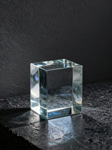 Vertical portrait composition. Sharp chiaroscuro lighting with a single, intense beam of light cutting through a dark, slate-grey room. The light refracts through a heavy, minimalist block of cast glass resting on a honed dark stone surface. Deep ink-like shadows, soft blue-hour reflections, extreme close-up focusing on raw material texture and form.