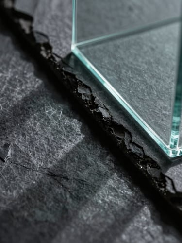 Extreme close-up of honed slate intersecting with polished glass, sharp chiaroscuro lighting, deep mysterious shadows.