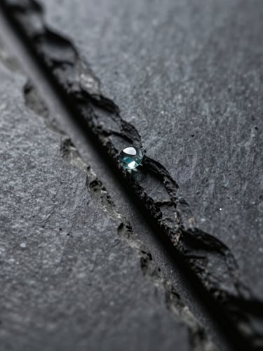 Extreme close-up of the intersection between polished dark slate and a rough, unrefined edge of cast glass, sharp chiaroscuro lighting, deep slate-grey tones.
