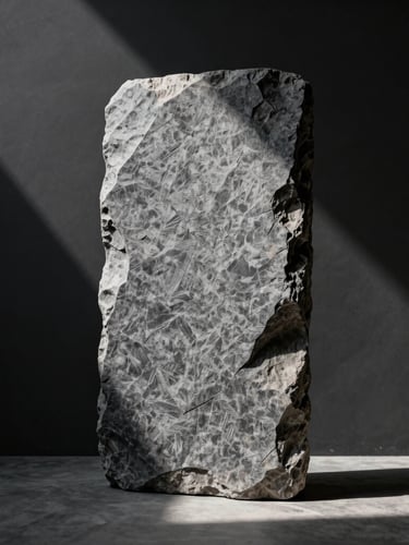 Chiaroscuro study of a monolithic slate sculpture, sharp directional light casting dramatic geometric shadows on a dark wall.