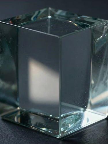 Extreme close-up of a monolithic block of solid cast glass, sharp chiaroscuro lighting, a single intense beam of light refracting through the thick glass, deep slate grey and midnight blue shadows, fine art aesthetic.