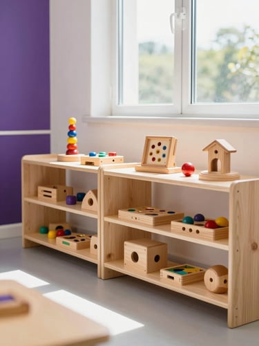 A bright, clean classroom with wooden educational toys organized on shelves, natural light streaming through a window, purple and gold accents, crisp details.