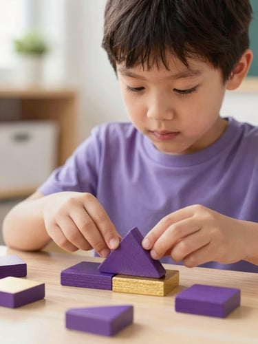 Close-up of a young child concentrating on sorting geometric wooden shapes in a bright, clean classroom, soft natural light, purple and gold accents, 35mm lens