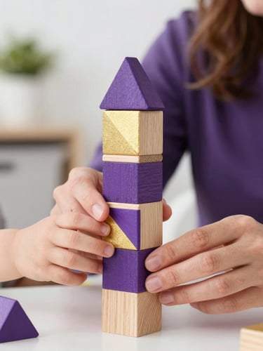 Close-up shot of a mother guiding her toddler's hands to stack geometric wooden blocks, bright natural daylight, clean classroom setting, focus on concentration