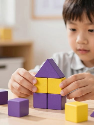 A close-up of a child concentrating on sorting geometric purple and yellow wooden blocks, bright natural daylight, clean classroom background