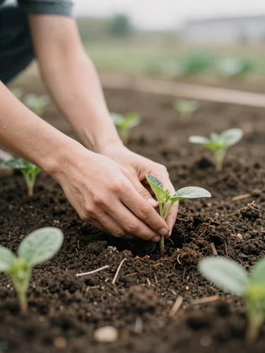 A close-up of hands planting seedlings in a community garden, rich dark soil, soft morning overcast light, warm organic tones, shallow depth of field, 35mm film aesthetic