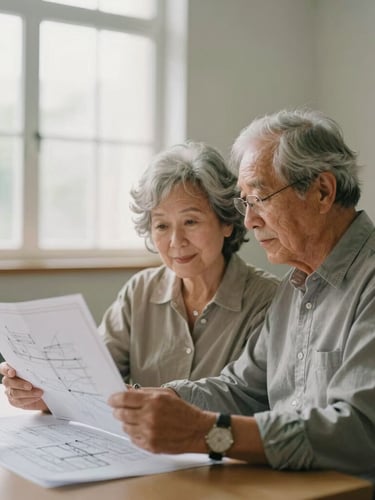 Medium environmental portrait of an elderly couple looking at blueprints in a sunlit community center, soft natural window light, muted organic tones, shallow depth of field, 35mm film aesthetic.