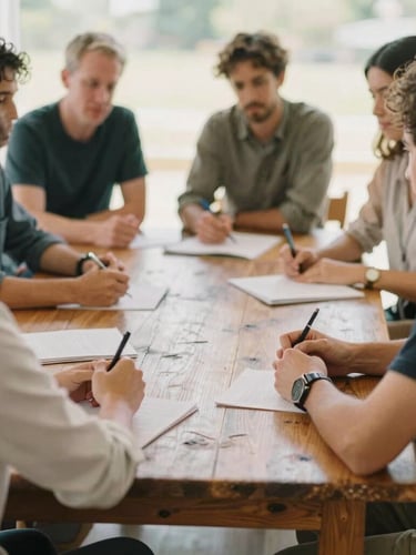 A group of community leaders collaborating around a rustic wooden table, soft natural daylight, warm editorial photography, shallow depth of field, 35mm film aesthetic