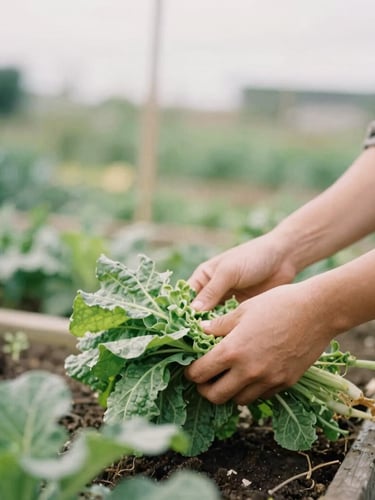 Hands tending to fresh vegetables in a vibrant community garden, soft overcast daylight, warm editorial photography, shallow depth of field, 35mm film aesthetic
