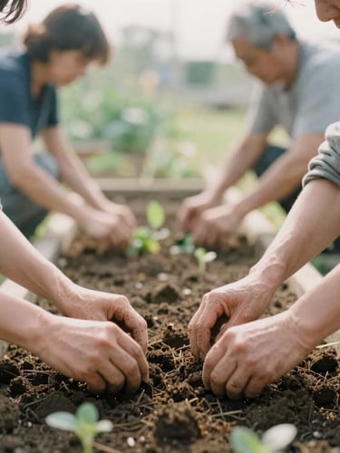 Soft natural morning light illuminating a community garden, hands of volunteers of different generations working the soil, muted organic tones, shallow depth of field, 35mm film style
