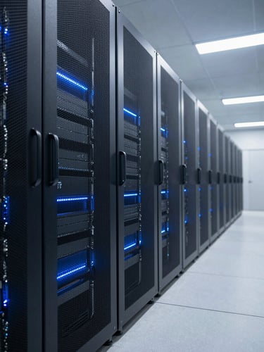 Wide-angle server infrastructure corridor, cool blue LED strip lighting along rack rows receding into darkness, foreground rack in sharp focus, no people, cinematic depth of field