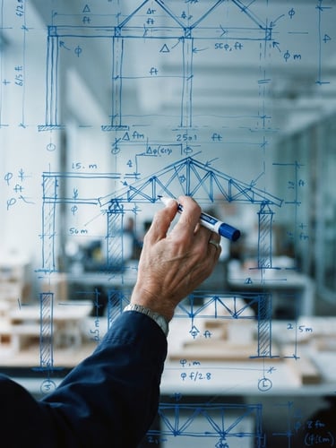 Close-up of complex architectural diagrams drawn on a clean glass whiteboard, a senior engineer's hand holding a blue marker, cool daylight with subtle blue ambient glow, shallow depth of field, 35mm
