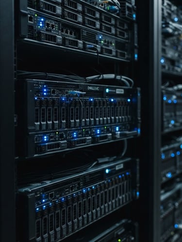 Macro close-up of clean server racks with soft blue indicator lights in a dark enterprise data center, cool daylight, 35mm photography