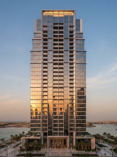 Straight-on architectural elevation of a modern glass skyscraper in Lusail Marina, sharp structural details, sunset reflections on glazing, high-end luxury, 35mm
