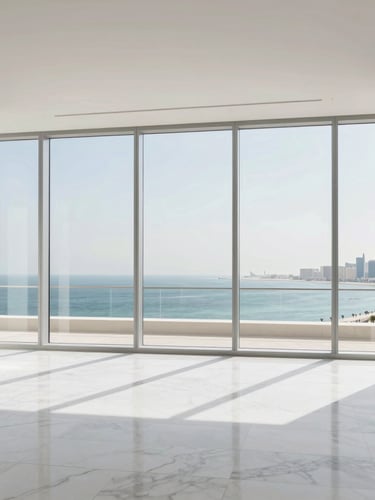 Sun-drenched minimalist penthouse interior in Doha, floor-to-ceiling windows overlooking the Arabian Gulf, white marble floors, clean architectural lines, 35mm