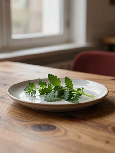 Close-up of a rustic wooden dining table in a warm Scandinavian restaurant, soft morning light from a window, a ceramic plate with fresh herbs, 35mm photography