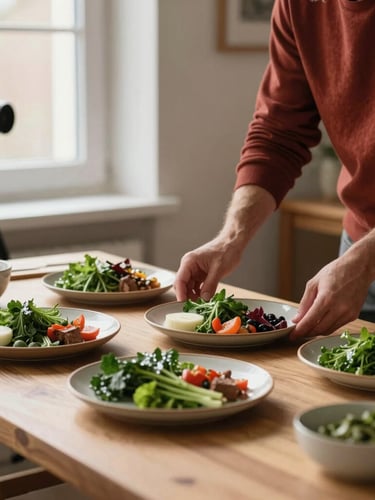 Warm Scandinavian workspace, hands arranging ceramic plates of fresh ingredients on a light oak table, soft morning window light, camera on a tripod visible, rich crimson accents.