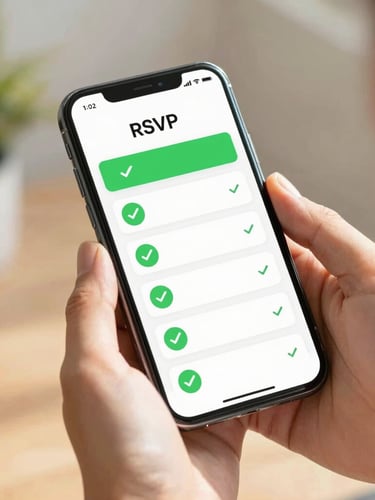 Hands holding a clean smartphone displaying a modern event RSVP dashboard with green confirmation checkmarks, warm natural daylight, shallow depth of field