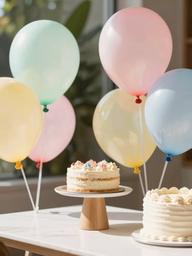 A bright, joyful close-up of a beautifully decorated birthday table with pastel balloons, a clean modern cake, and warm natural daylight pouring in.