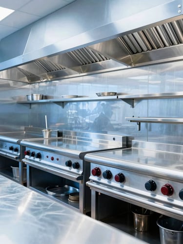 Bright architectural wide shot of a gleaming spotless commercial restaurant kitchen with stainless steel surfaces, cool blue and metallic silver tones, sharp focus, 35mm