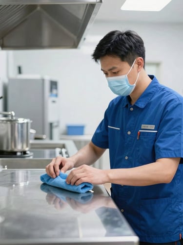 Professional cleaning supervisor in structured clean uniform inspecting a gleaming stainless steel surface in a professional kitchen, bright cool daylight, sharp focus