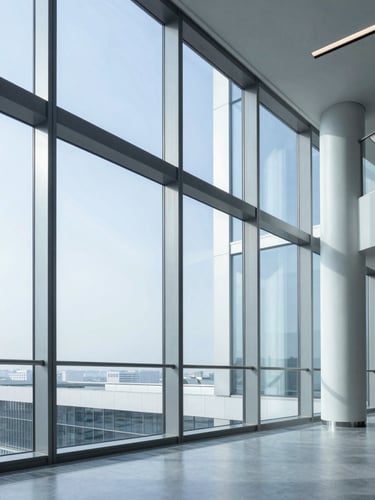 Spotless modern office interior with large windows, bright cool daylight, blue and metallic silver tones, sharp focus, architectural photography