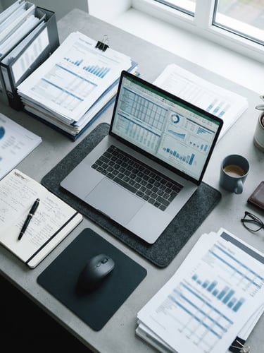 Top-down flat lay of neatly organized financial documents, a modern laptop showing clean spreadsheets, cool blue and slate tones, bright daylight, 35mm