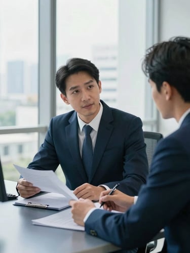 A professional consultation in a bright Bangkok office, a lawyer and an accountant discussing documents with a client, modern slate blue workspace, natural daylight, 35mm editorial photography