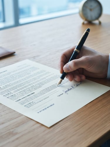 Close-up of a fountain pen signing a structured legal contract on a minimalist wooden desk, crisp document layout, warm natural office light, professional editorial photography, cool blue undertones, 35mm