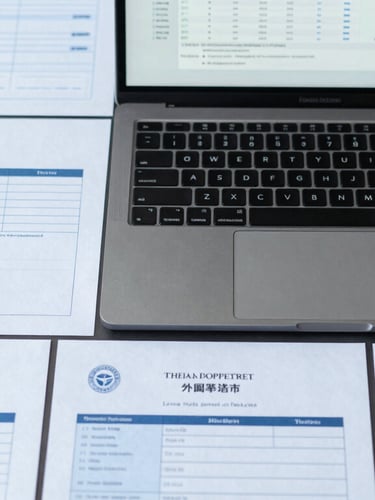 Top-down flat lay of neatly organized Thai corporate registration documents, a sleek laptop showing a clean financial dashboard, cool slate blue and navy tones, natural office light, professional editorial photography