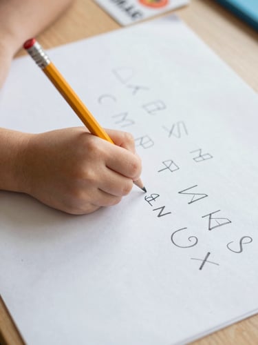 Close-up of a five-year-old's hand gripping a pencil, writing invented letters and marks on a large sheet of paper, natural classroom light from above, paper fills most of the frame with a few BINAR material cards partially visible at the top edge