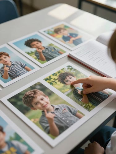 Overhead close-up of a classroom table with BINAR printed materials laid flat—large illustrated cards showing improbable images, a child's hand pointing at one card, a notebook open with emergent handwriting marks beside it, natural daylight from a nearby window casting soft parallel shadows across the surface