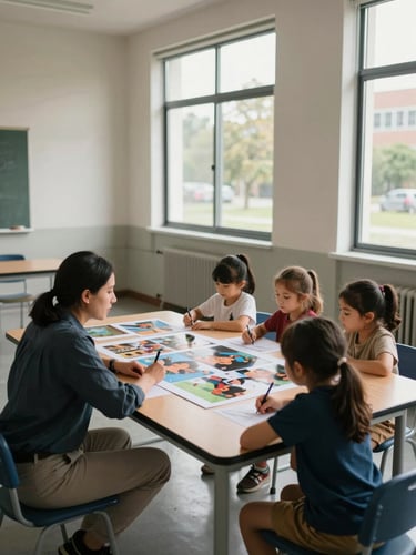 Wide shot from the left side of a classroom, an educator seated at a low table facilitating a small group of three children aged 4–5 who study a large printed image together, natural daylight from tall windows to the right, soft shadows, materials spread on the table surface, shot from slightly above and close to the wall edge