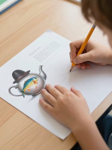 Close-up overhead shot of a child's hands tracing a pencil mark on a worksheet beside an impossible image card—a fish wearing a hat inside a teapot—on a wooden classroom table under diffused natural daylight