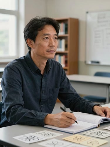 Close-up editorial portrait, left third of frame: an educator in his mid-forties sits at a low classroom table covered with hand-drawn cards and open notebooks, natural window light from the left casting soft shadows, looking slightly off-camera with calm attention, bookshelves and a whiteboard visible out of focus in the background