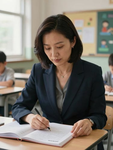 Portrait-format shot of a teacher seated at a small classroom table consulting the open BINAR guide, one hand tracing a line of text, background shows a blurred classroom wall with children's artwork, natural window light from the left